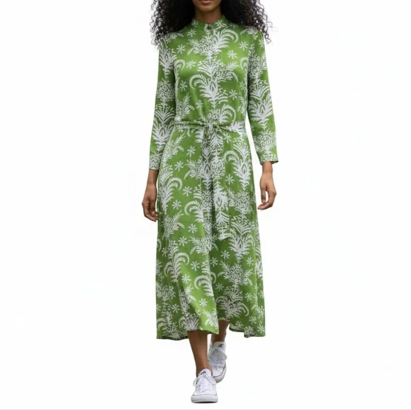 Zara Lilou Midi Dress Size S Green White Tropical Floral Belted Flowy Viscose - Picture 11 of 11
